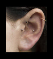 14K rose gold segment ring worn in a helix piercing, styled with inner conch studs