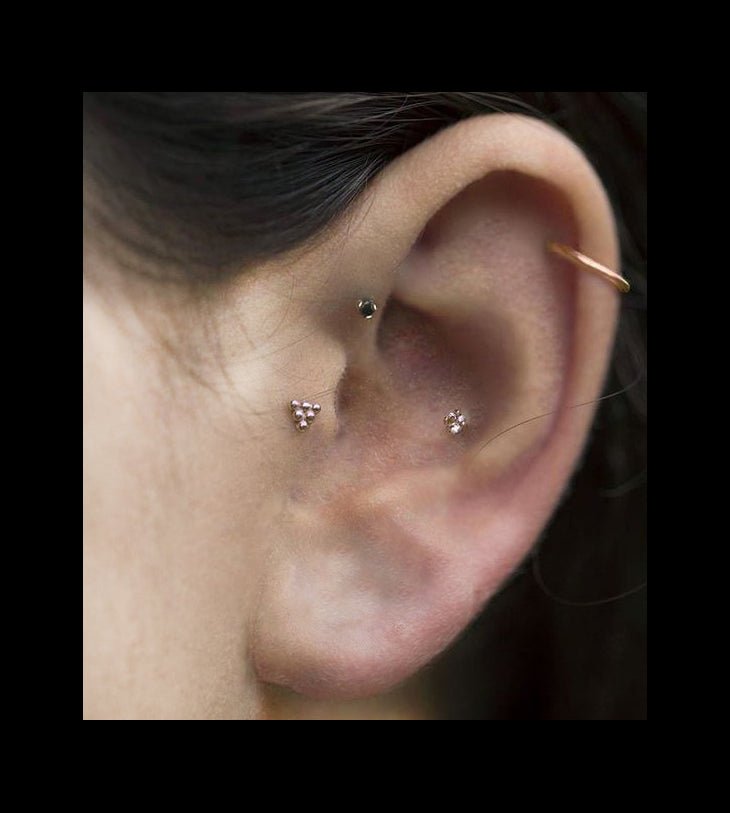 14K rose gold segment ring worn in a helix piercing, styled with inner conch studs