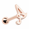 14K rose gold script initial A cartilage stud earring with ball backing, angled product view