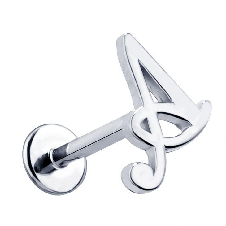 14K white gold letter A flat back cartilage stud with script initial and round flat disc post