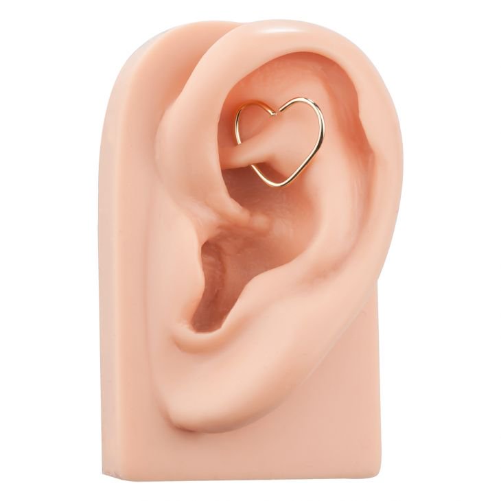 14K gold heart seam ring shown in rook piercing on silicone ear model, front-facing placement view