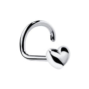 14k white gold puffy heart nose ring twist style, front view with high-polish silver-toned finish