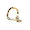 14K yellow gold diamond pave crescent moon nose ring, twist screw style, angled view