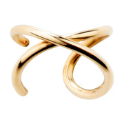 14k yellow gold criss cross X band ear cuff, front view showing polished double-band design