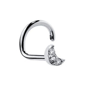 14K white gold diamond pave crescent moon nose ring, twist screw style, front angled view
