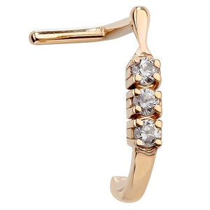 14K yellow gold trinity diamond faux hoop nose ring with 3 prong-set diamonds, L-shape post, front view