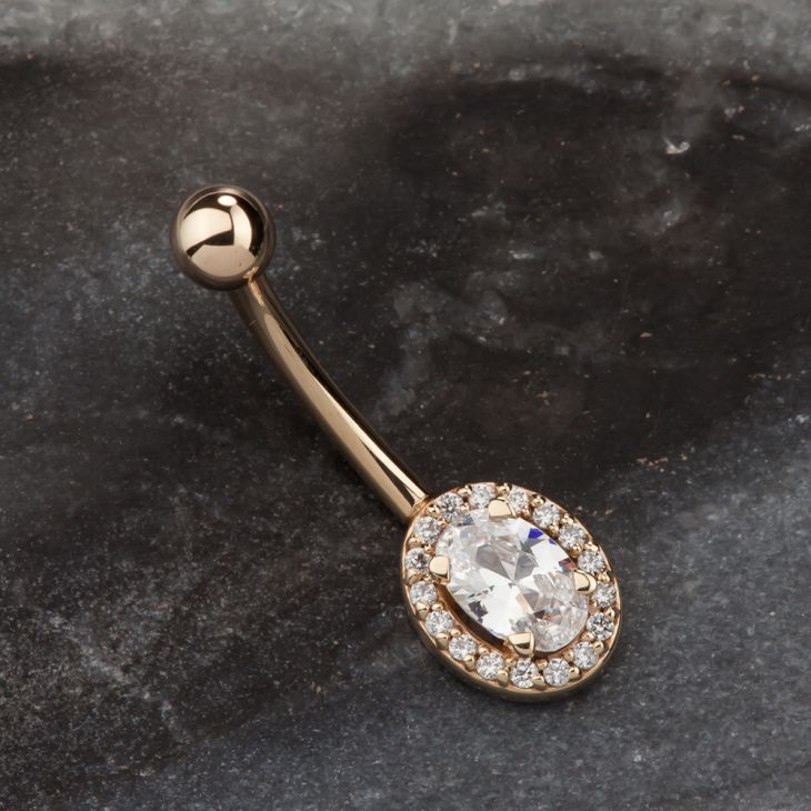 Oval Halo Cubic Zirconia 14K Gold Belly Ring