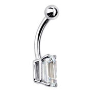 Side profile of 14k white gold belly ring showing curved barbell and emerald-cut CZ depth