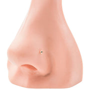 Tiny ball 14K gold nose ring twist shown in pierced nose model, demonstrating discreet fit