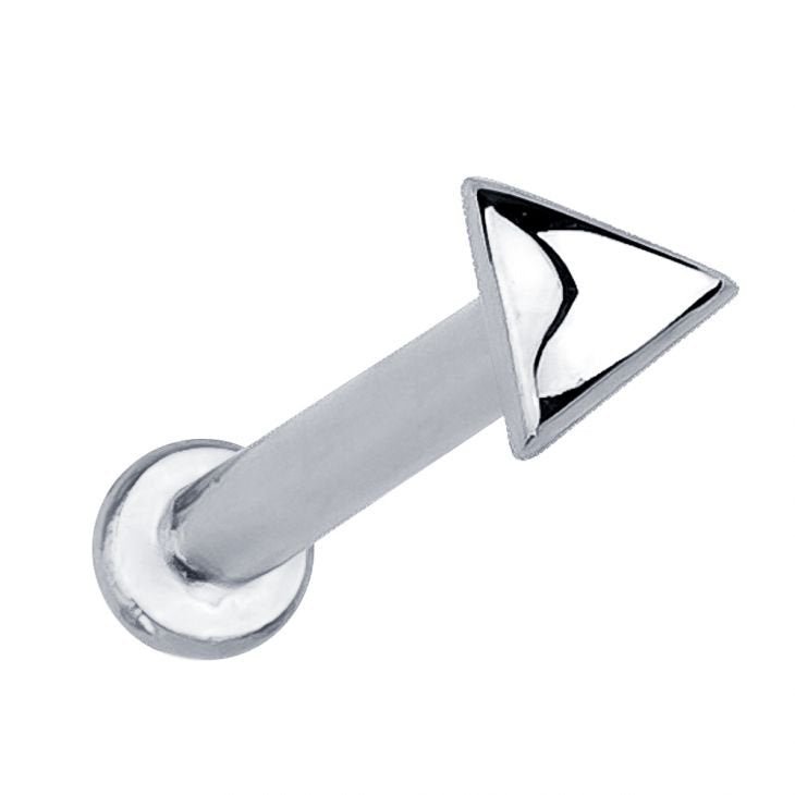 14k white gold 2mm triangle flat back labret stud, angled front view on white background