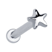 14k white gold tiny star flat back labret stud on white background, angled view showing silver-tone finish