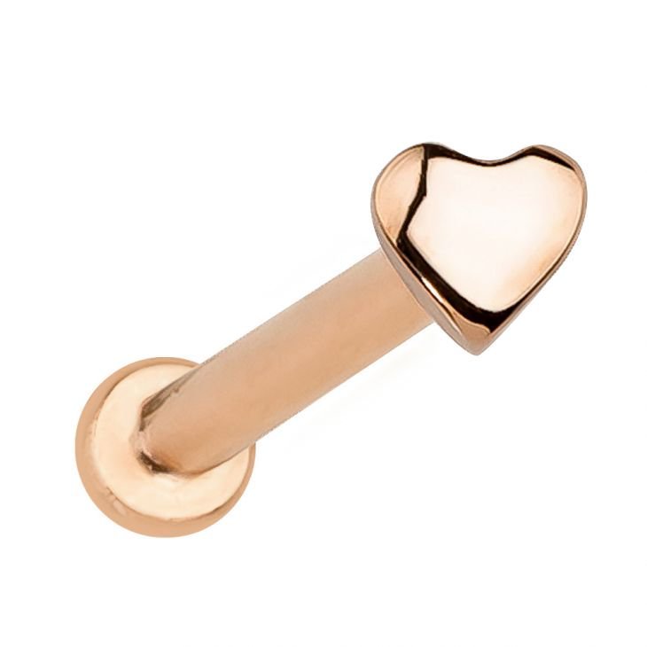 14k rose gold 2mm heart flat back labret stud angled view showing warm-toned heart charm and disc backing