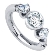14k white gold three-CZ clicker cartilage earring with bezel center and prong-set side stones, front view