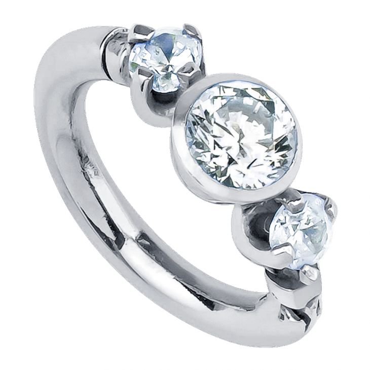 14k white gold three-CZ clicker cartilage earring with bezel center and prong-set side stones, front view