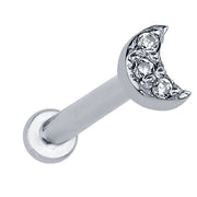 14K white gold crescent moon diamond pave labret stud, front angled view on white background