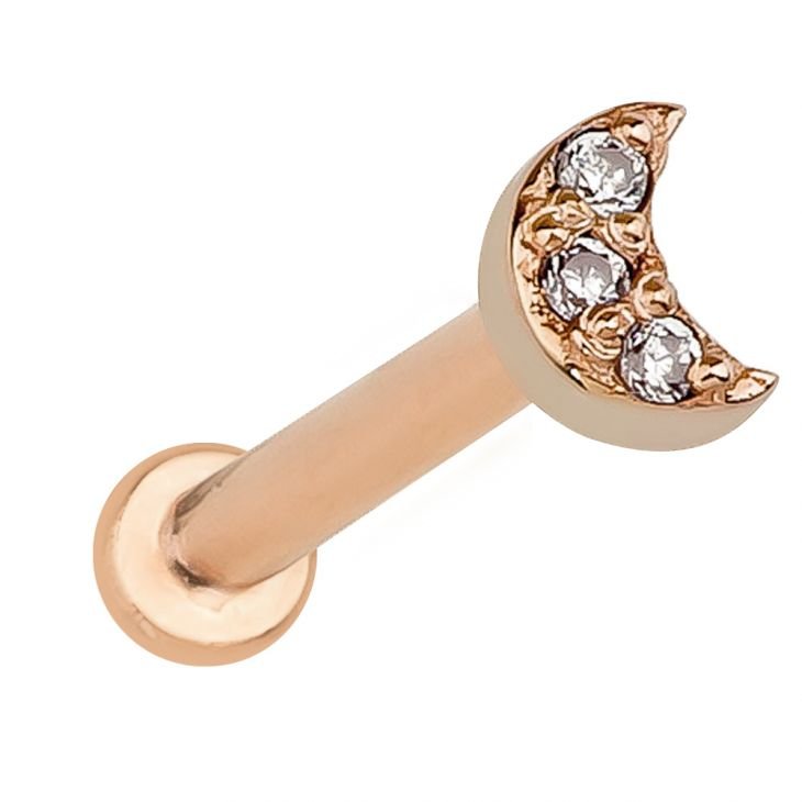 2mm Tiny Crescent Moon Diamond Pave 14K Gold Lip & Cartilage Earring-14K Rose Gold   18G   5 16