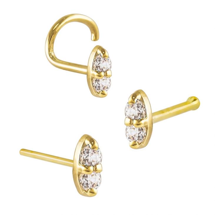14K yellow gold double diamond nose ring in all three styles: twist, bone, and straight post