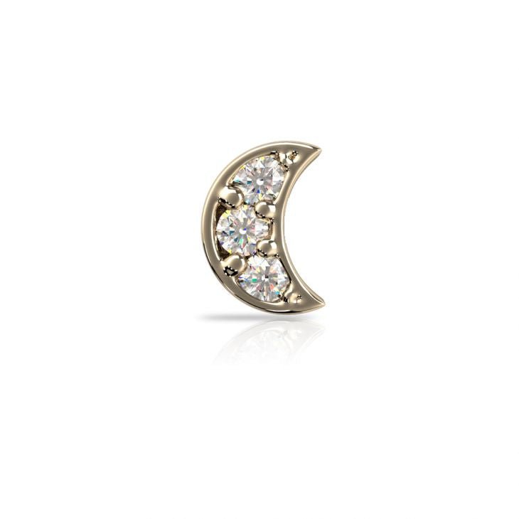 Close-up of 14K gold crescent moon charm showing three pave-set natural SI1 diamonds