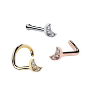 Crescent moon nose ring in three styles: 14K white gold bone, yellow gold twist, and rose gold L-shape