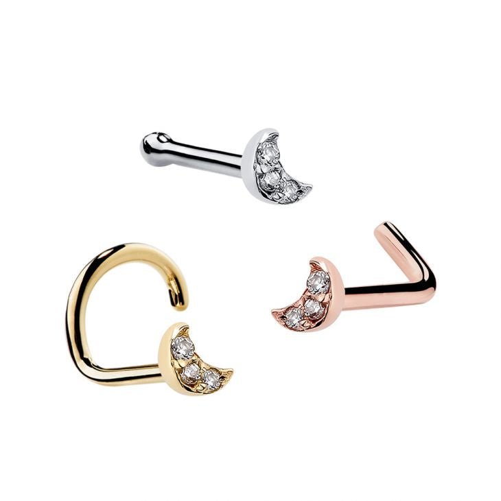 Crescent moon nose ring in three styles: 14K white gold bone, yellow gold twist, and rose gold L-shape