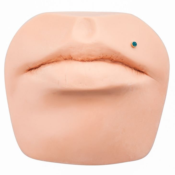 2mm blue diamond bezel-set 14k gold flat back labret shown in lip piercing on silicone face model