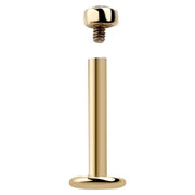14k yellow gold flat back labret post with threaded top separated to show screw-in mechanism