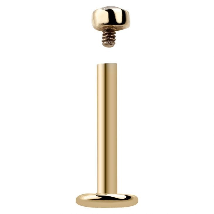 14k yellow gold flat back labret post with threaded top separated to show screw-in mechanism