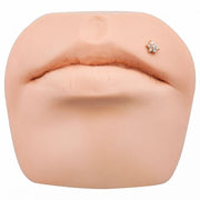 14k gold diamond flower flat back labret shown in Monroe lip piercing on silicone face model