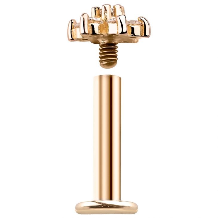 14k rose gold diamond flower labret disassembled, showing internally threaded top and flat back post