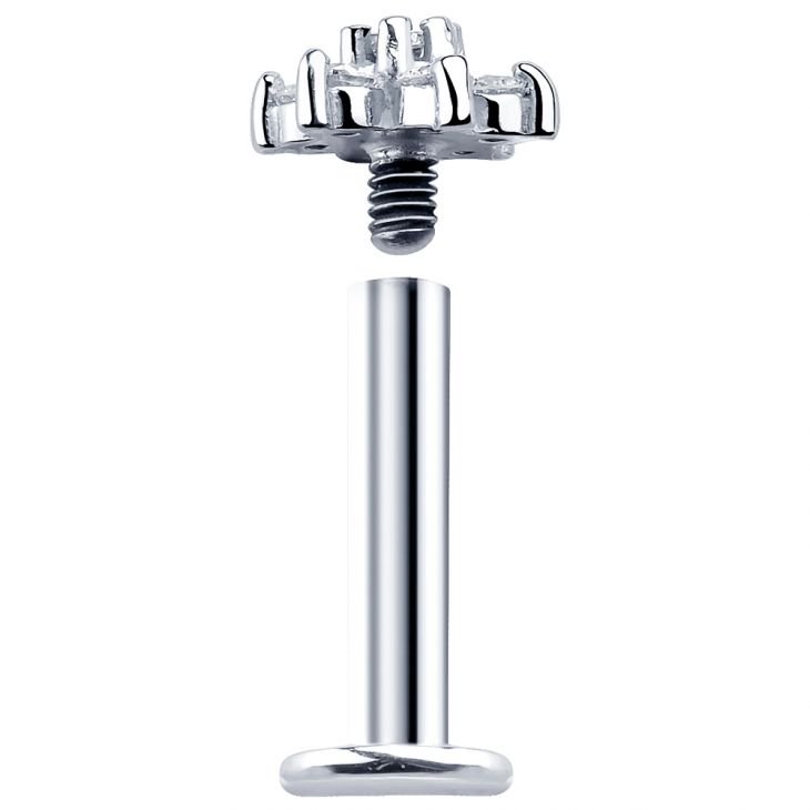 14k white gold diamond flower labret disassembled, showing internally threaded top and flat back post