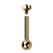 14k yellow gold internally threaded cartilage barbell shown disassembled, revealing threaded post