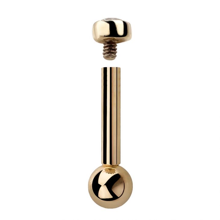 14k yellow gold internally threaded cartilage barbell shown disassembled, revealing threaded post