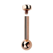 14k rose gold internally threaded cartilage barbell disassembled, showing post and ball back detail
