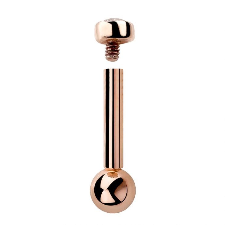 14k rose gold internally threaded cartilage barbell disassembled, showing post and ball back detail
