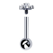 14k white gold flower cartilage stud disassembled, showing threaded post, ball backing, and flower top