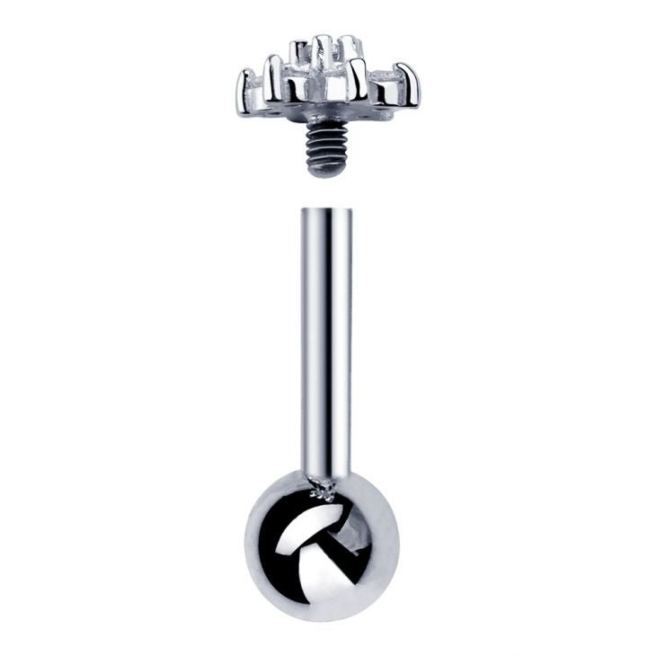 14k white gold flower cartilage stud disassembled, showing threaded post, ball backing, and flower top