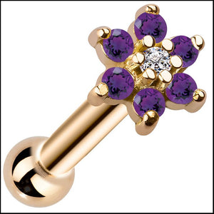 14k yellow gold flower cluster cartilage stud with purple CZ petals and clear center stone, angled view
