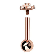 14k rose gold flower cartilage stud disassembled, showing threaded post, ball backing, and flower top