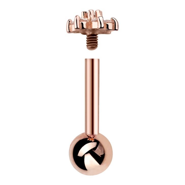 14k rose gold flower cartilage stud disassembled, showing threaded post, ball backing, and flower top