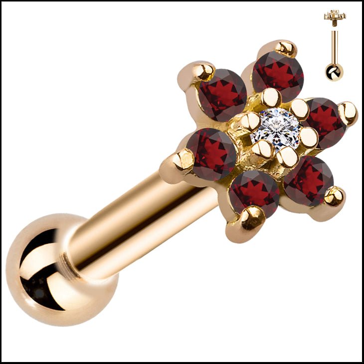 14k yellow gold flower cluster cartilage stud with red CZ petals, angled view with disassembled inset