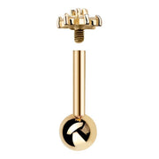 14k yellow gold flower cartilage stud disassembled, showing threaded post, ball backing, and flower top