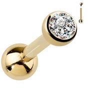 14k yellow gold CZ bezel cartilage stud with inset showing internally threaded post detail