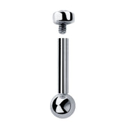 14k white gold internally threaded cartilage barbell disassembled, showing post and ball back