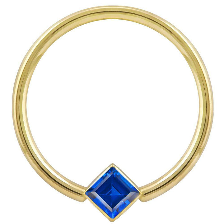 Blue Cubic Zirconia Princess Cut Corner Mount 14k Gold Captive Bead Ring-14K Yellow Gold   12G (2.0mm)   3 4" (19mm)