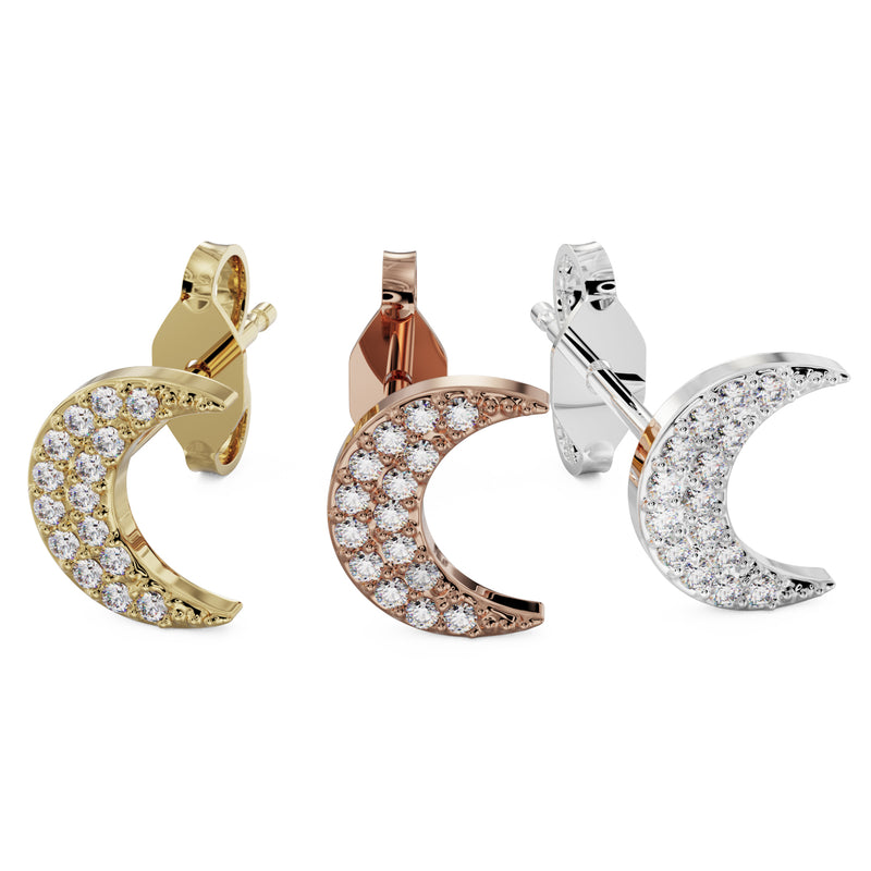 Diamond crescent moon stud in all three metal options: 14k yellow gold, rose gold, and white gold