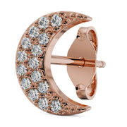 14k rose gold diamond crescent moon stud earring, angled side view showing pavé diamonds and post