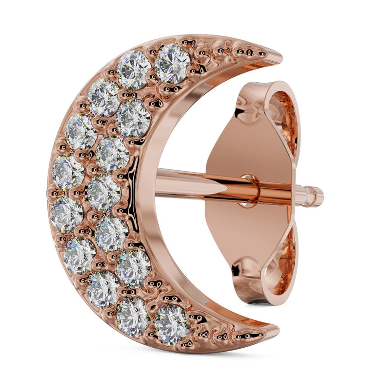 14k rose gold diamond crescent moon stud earring, angled side view showing pavé diamonds and post
