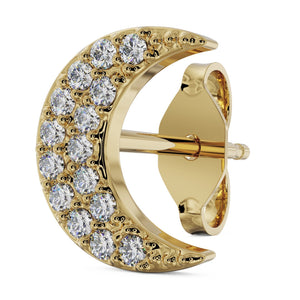 14k yellow gold diamond crescent moon stud earring, angled view showing pavé diamond face and post