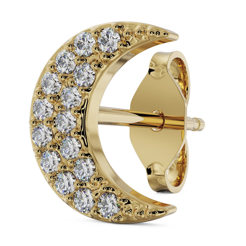 14k yellow gold diamond crescent moon stud earring, angled view showing pavé diamond face and post