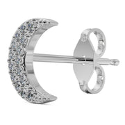 Side profile of 14k white gold diamond moon stud showing post length and butterfly backing detail